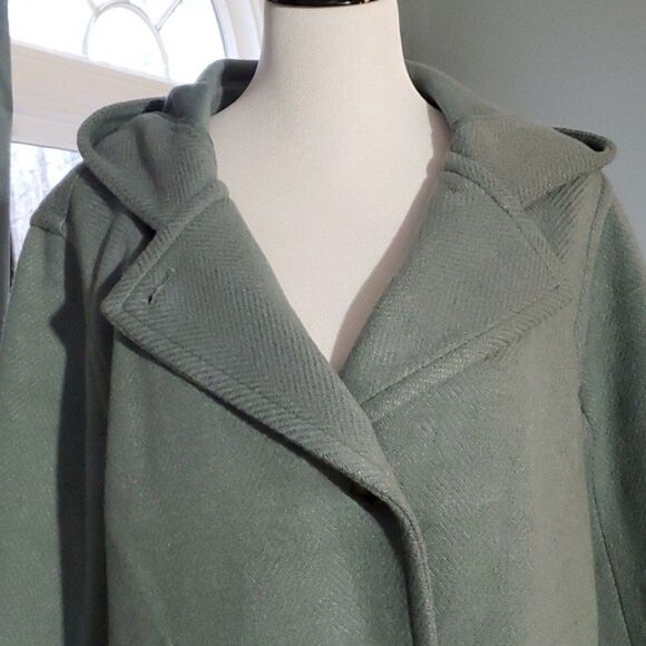 Ann Taylor Gray Green Wool Blend Button Front Hooded Oversized Mid Length Coat - Picture 3 of 9
